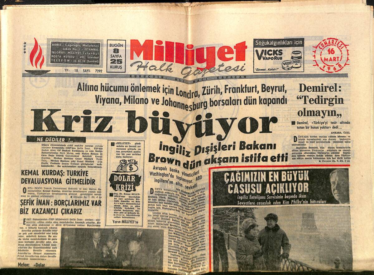 Milliyet Gazetesi 16 Mart 1968 - Çağımızın En Büyük Casusu Kim Philby Beş Kere Evlendi - Galatasaray'ın Büyük Problemleri GZ140242 - 1