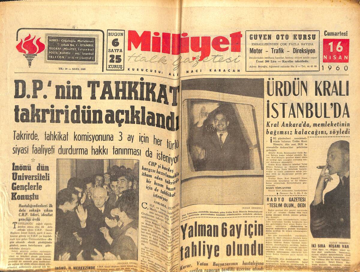 Milliyet Gazetesi 16 Nisan 1960 - Peugeot'un Kaçırılan Çocuğu Dün İade Edildi! - Ürdün Kralı İstanbul'da GZ140336 - 1