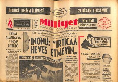 Milliyet Gazetesi 16 Nisan 1966 - İsmet İnönü,İrticaa Heves Etmeyin GZ59746 - 1