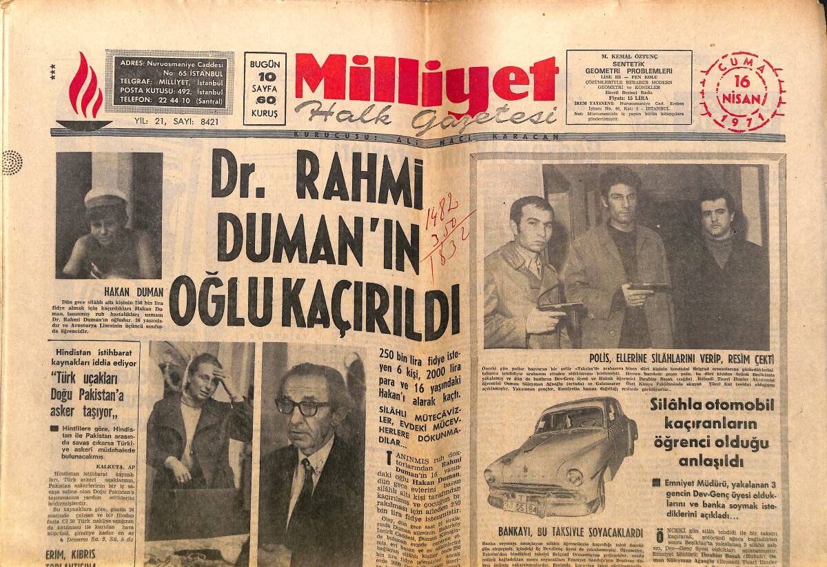 Milliyet Gazetesi 16 Nisan 1971 - Doktor Rahmi Duman'ın Oğlu Kaçırıldı - Erbakan Partisini Bir Buçuk Saat Savundu GZ140086 - 1