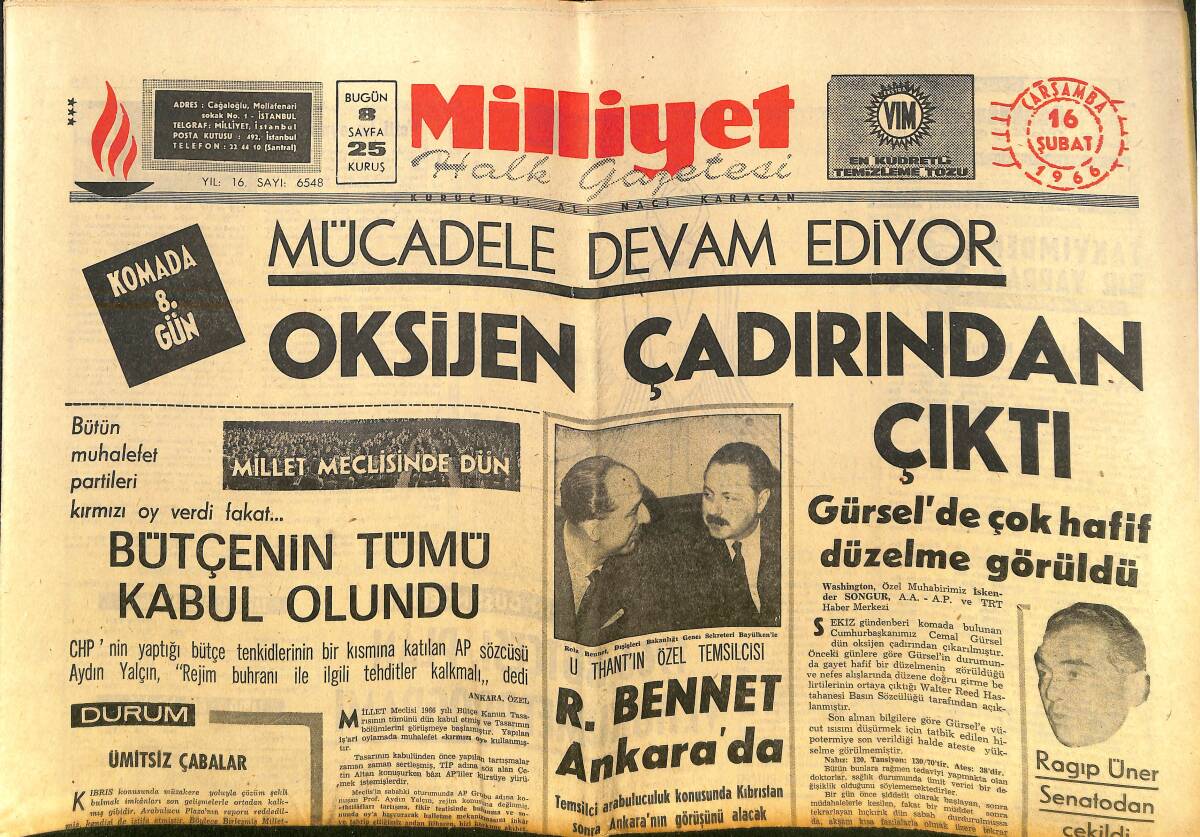 Milliyet Gazetesi 16 Şubat 1966 - Ragıp Üner Senatodan Çekildi - İngiliz Kemal Dün Vefat Etti! - Gürsel'de Çok Hafif Düzelme Görüldü! GZ140187 - 1