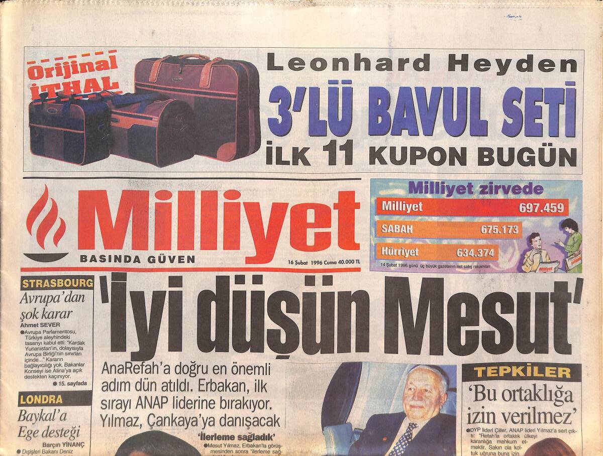 Milliyet Gazetesi 16 Şubat 1996 - Ülker'den Süper Yatırım - Yeltsin'den Rus Ruleti GZ132815 - 1