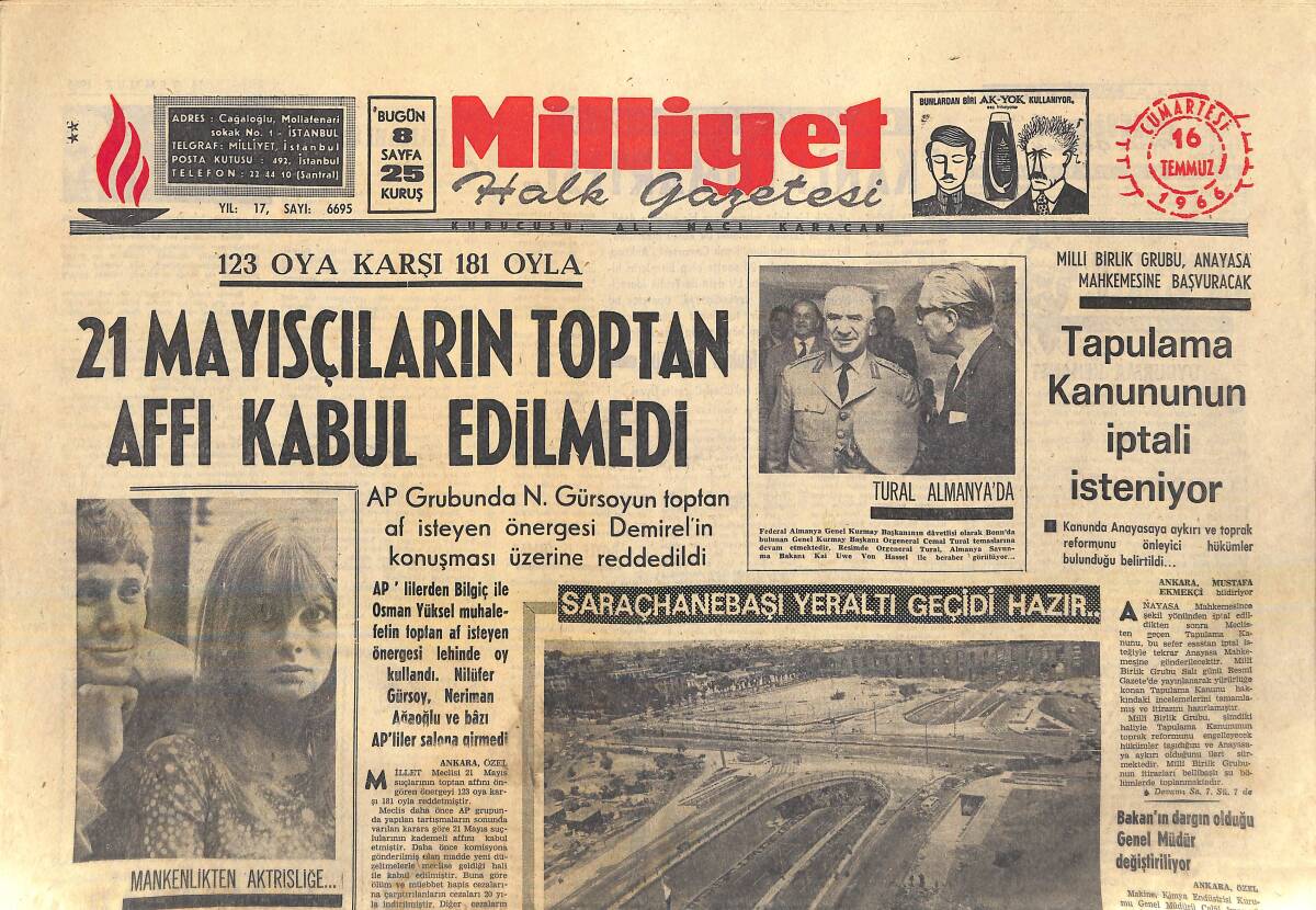 Milliyet Gazetesi 16 Temmuz 1966 - Saraçhanebaşı Yeraltı Geçidi Hazır - Frank Sinatra Kendisinden 29 Yaş Genç Yıldız İle Nişanlandı GZ156949 - 1