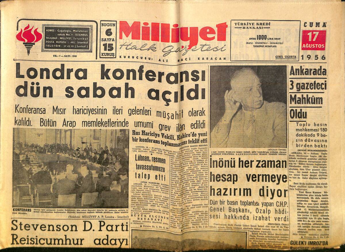 Milliyet Gazetesi 17 Ağustos 1956 - İsmet İnönü Her Zaman Hesap Vermeye Hazırım Diyor - 1956 Türkiye Yüzme Birincilikleri Sona Erdi! GZ140158 - 1