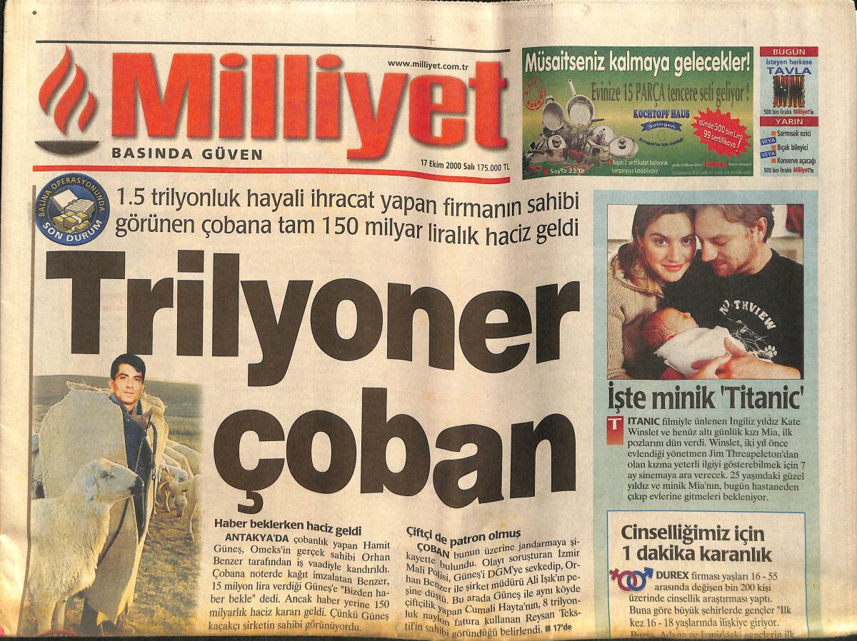 Milliyet Gazetesi 17 Ekim 2000 - İmparatorun Yeni Adı Gladyatör Terim - Gülben'in Dekolteli - Kurye Kız Tuğba GZ157470 - 1