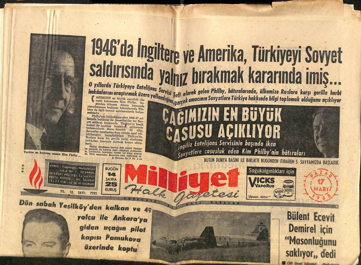 Milliyet Gazetesi 17 Mart 1968 - 1946'da İngiltere Ve Amerika, Türkiye'yi Sovyet Saldırısında Yalnız Bırakmak Niyetindeymiş - Gina Ellinci Filmi Yaptı GZ140243 - 1