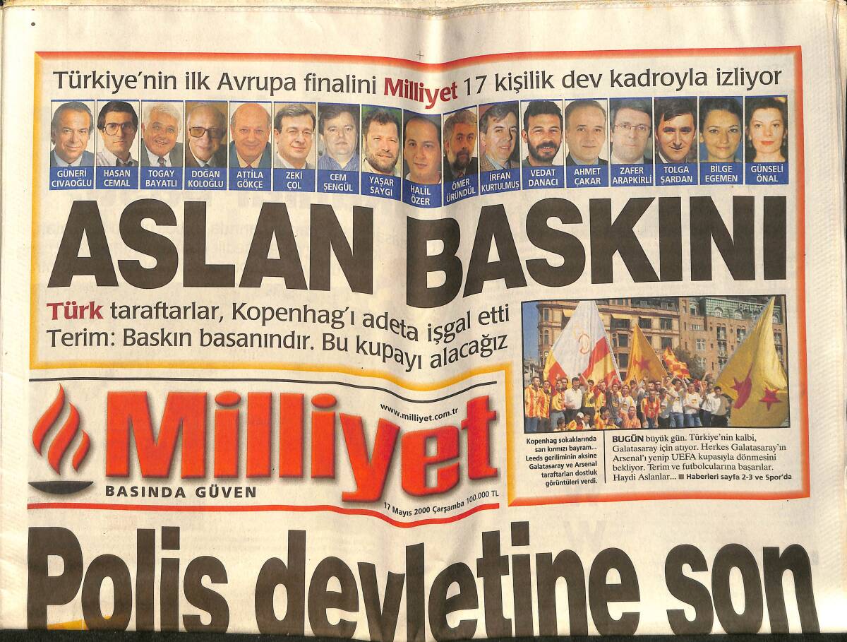 Milliyet Gazetesi 17 Mayıs 2000 - Terim: Baskın Basanındır Bu Kupayı Alacağız - Türk Taraftarlar Kopenhag'ı İşgal Etti GZ157479 - 1