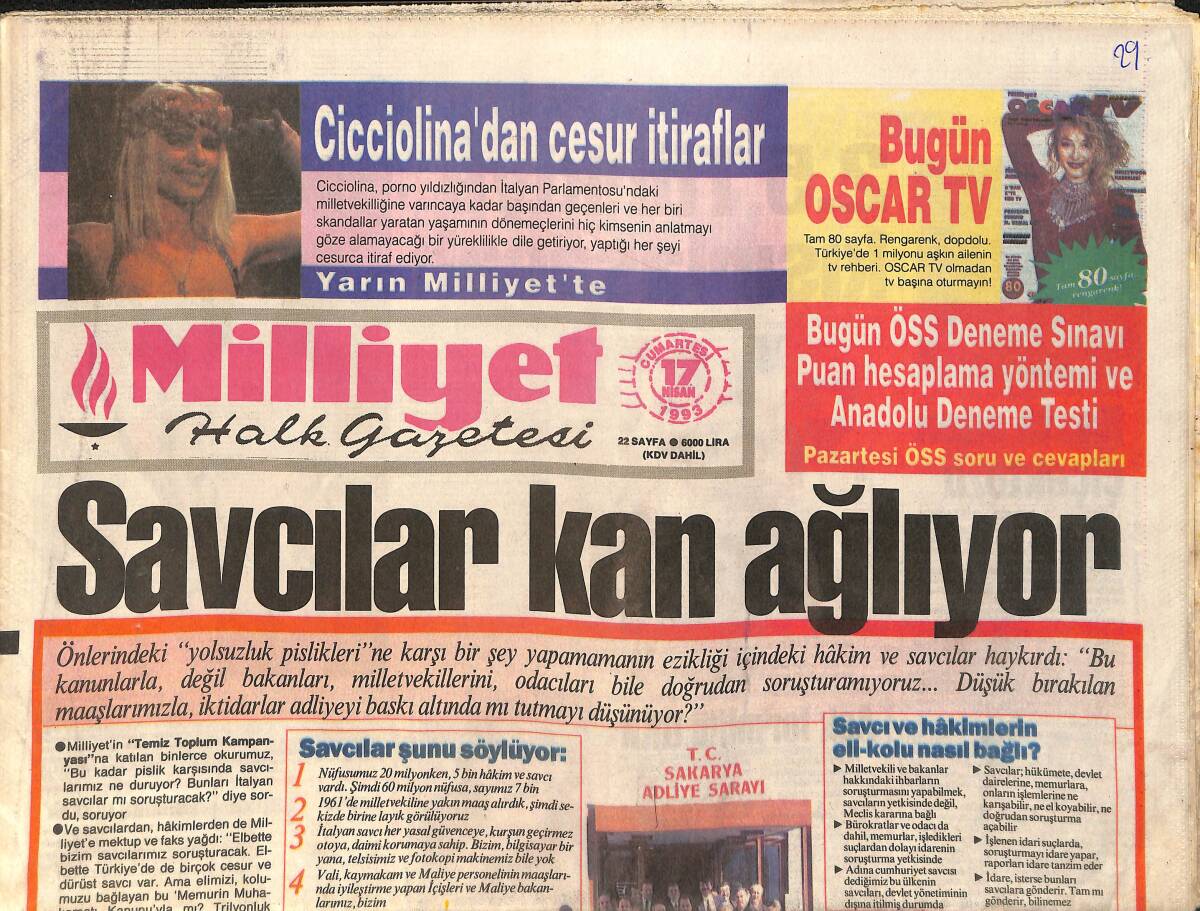 Milliyet Gazetesi 17 Nisan 1993 - Özal'a Kötü Haber - Ali Dinçkök Nazlanıyor - Savcılar Kan Ağlıyor GZ3158 - 1