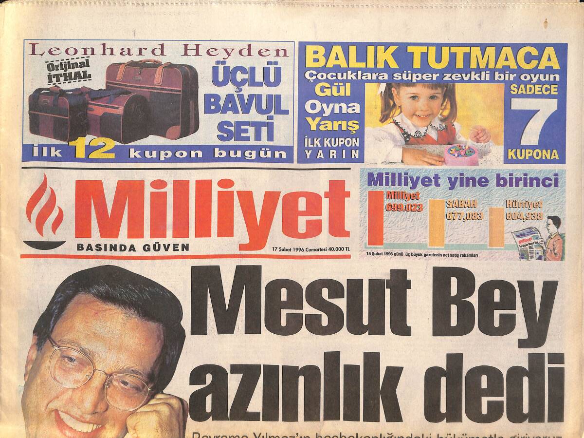 Milliyet Gazetesi 17 Şubat 1996 - Fenerbahçe'de İpler Koptu - NATO Tedirgin GZ132814 - 1