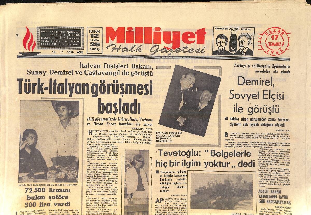 Milliyet Gazetesi 17 Temmuz 1966 - Türk İtalyan Görüşmesi Başladı - Ayasofya Dünyanın 7 Harikası Arasına Girdi GZ156895 - 1