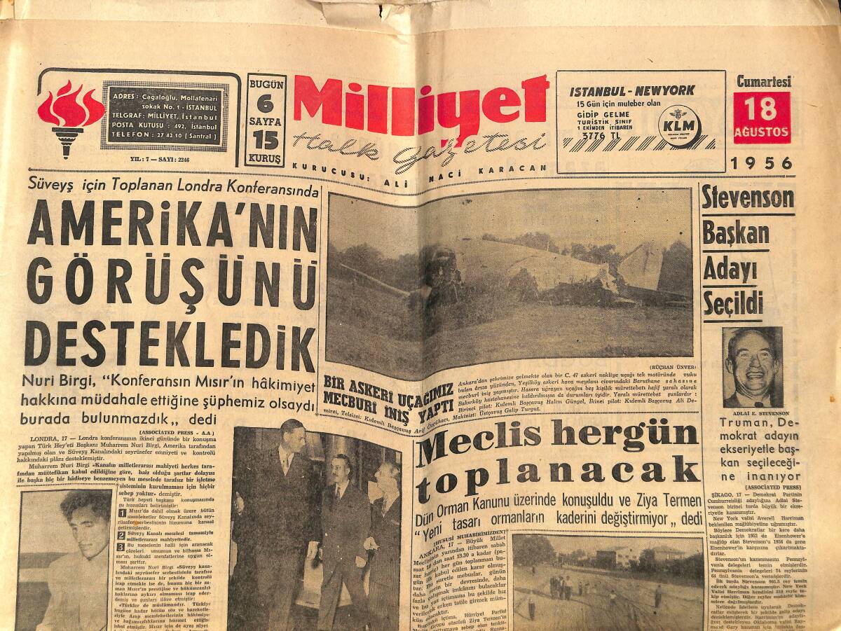 Milliyet Gazetesi 18 Ağustos 1956 - Amerika'nın Görüşünü Destekledik - Galatasaray Sofya'da - Ligler 12 Eylül'de Başlıyor GZ140216 - 1