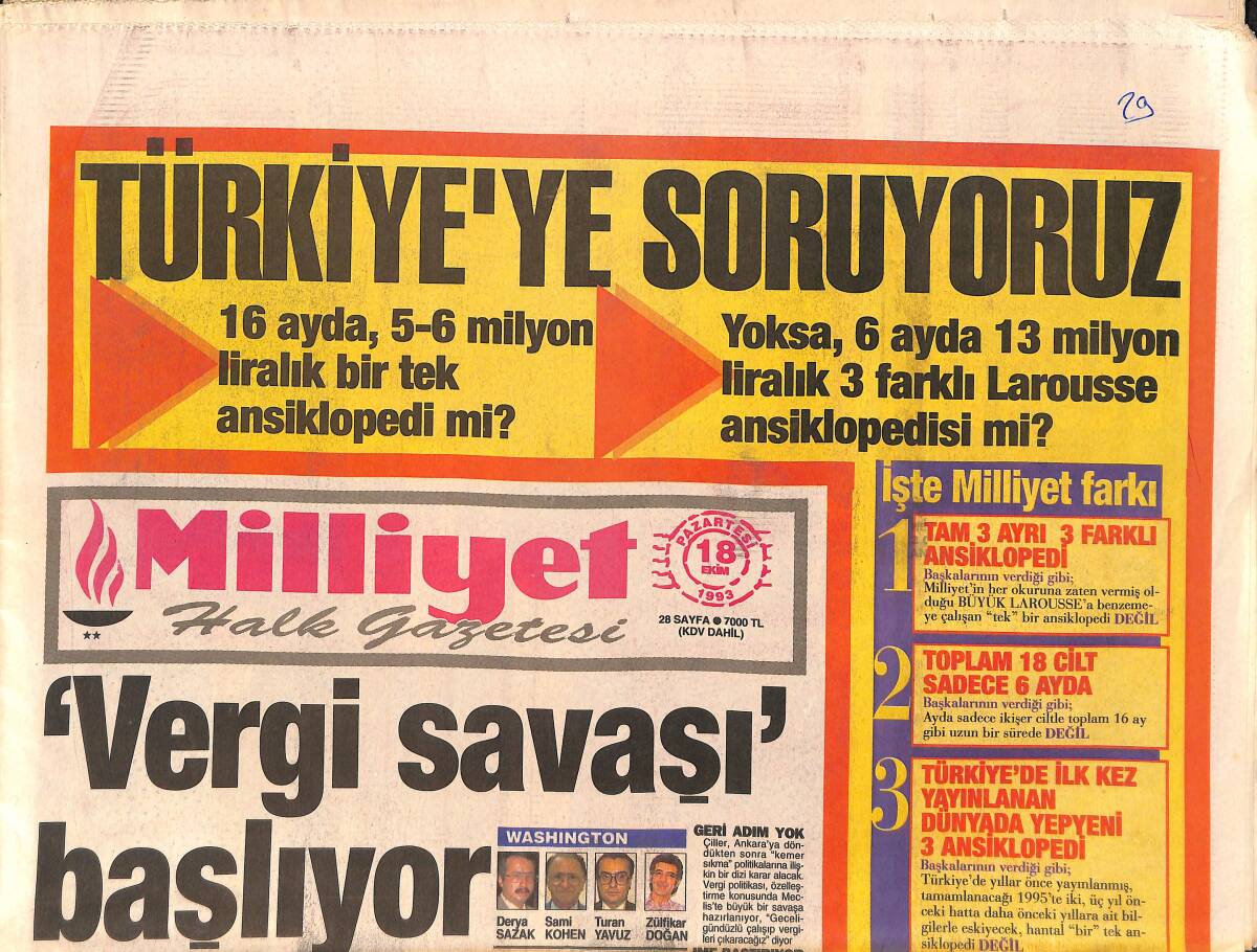 Milliyet Gazetesi 18 Ekim 1993 - Yılmaz, Doğu'ya Yüklenecek - Beşiktaş'tan Farklı Prova GZ2941 - 1