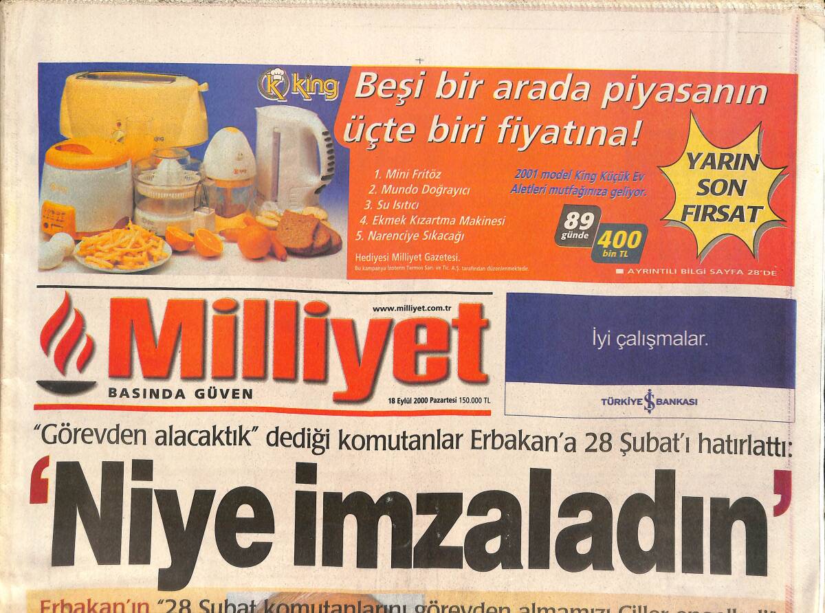Milliyet Gazetesi 18 Eylül 2000 - Altın Adam Hüseyin - Erbakan 28 Şubat'ı Hatırlattı GZ3818 - 1