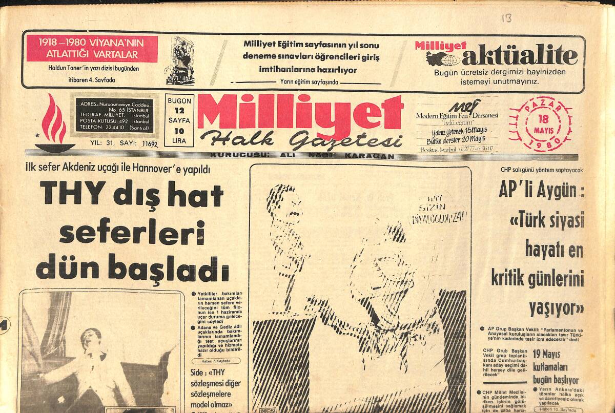 Milliyet Gazetesi 18 Mayıs 1980 - THY Dış Hat Seferleri Dün Başladı - Ecevit Kayseri'de Konuşacak GZ2026 - 1