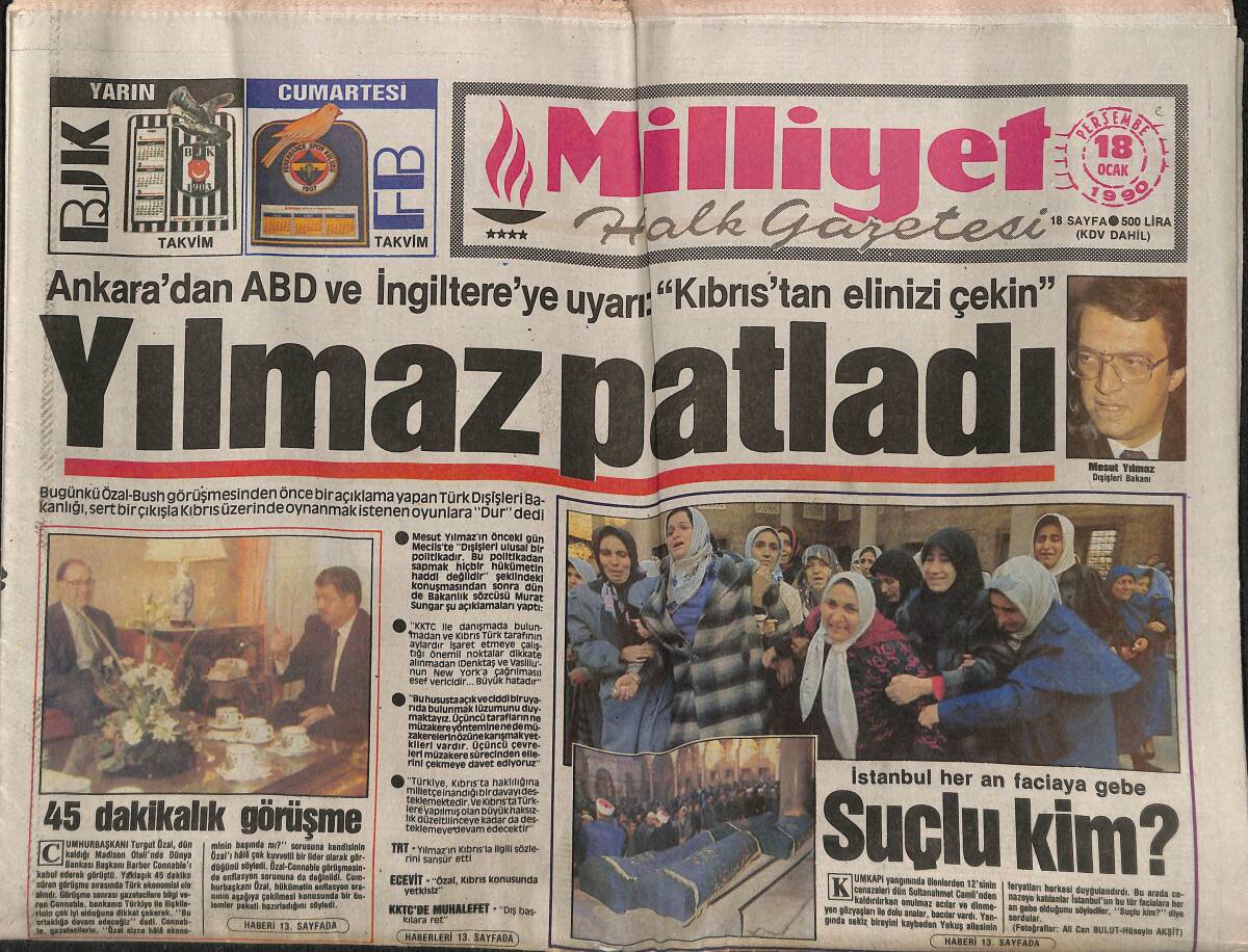 Milliyet Gazetesi 18 Ocak 1990 - Mesut Yılmaz Patladı - Ermeniler Azerbaycan'dan Kaçırıyor - Fenerbahçe Garanti Şampiyon GZ149301 - 1