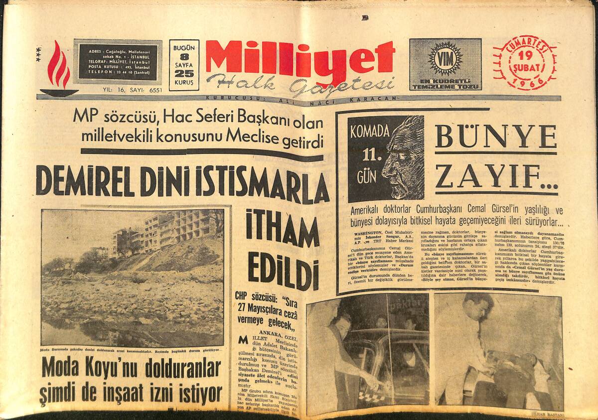 Milliyet Gazetesi 19 Şubat 1966 - Süleyman Demirel Dini İstismarla İtham Edildi - 1 Müsteşar, 2 Genel Müdür İşten Alındı! GZ140190 - 1