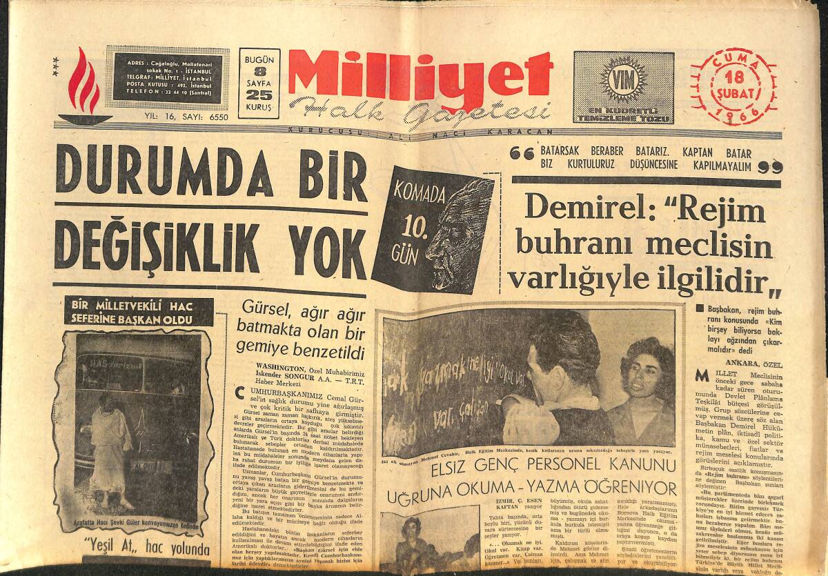 Milliyet Gazetesi 18 Şubat 1966 - Paşabahçe Grevi Kanuna Uygun - Süleyman Demirel: Rejim Buhranı Meclisin Varlığıyla İlgilidir GZ140189 - 1