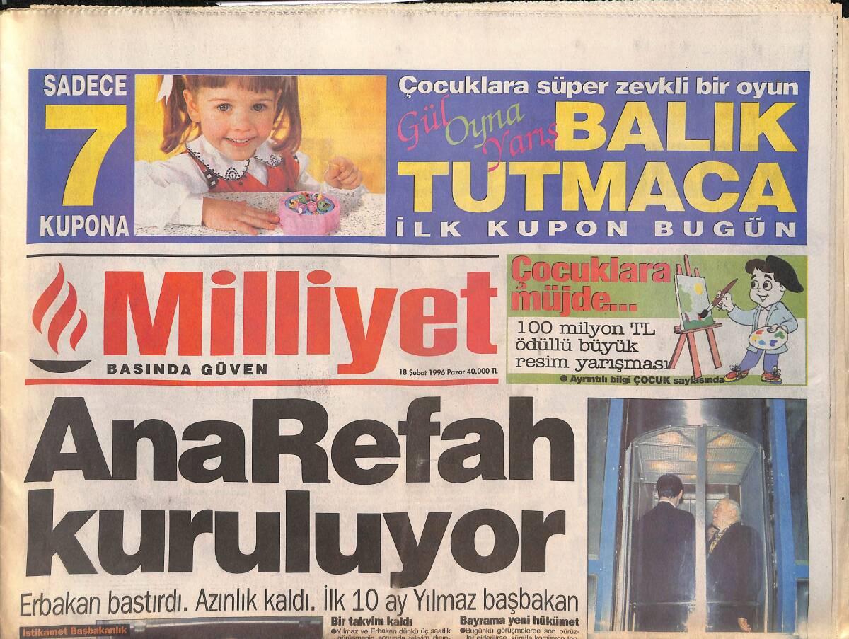 Milliyet Gazetesi 18 Şubat 1996 - Ana Refah Kuruluyor - TUSİAD Uyardı - Sivas'ta Özel Tim Şikayeti GZ132813 - 1