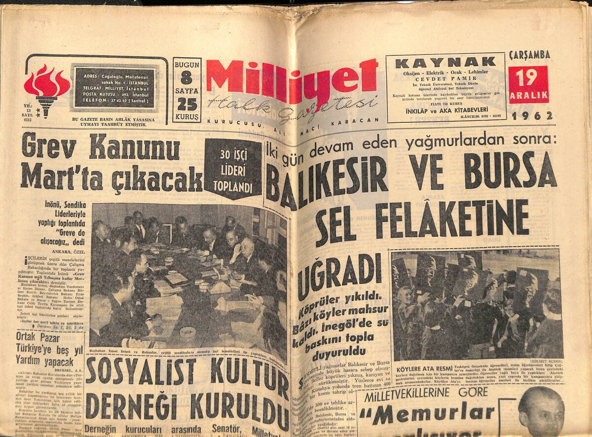Milliyet Gazetesi 19 Aralık 1962 - S. Liston'a Yeni Bir Rakip C. Clay - Metin 4855 Reyle Başladı - Milan G.Saray'ı Büyük Bir Turnuvaya Davet Etti GZ143097 - 1