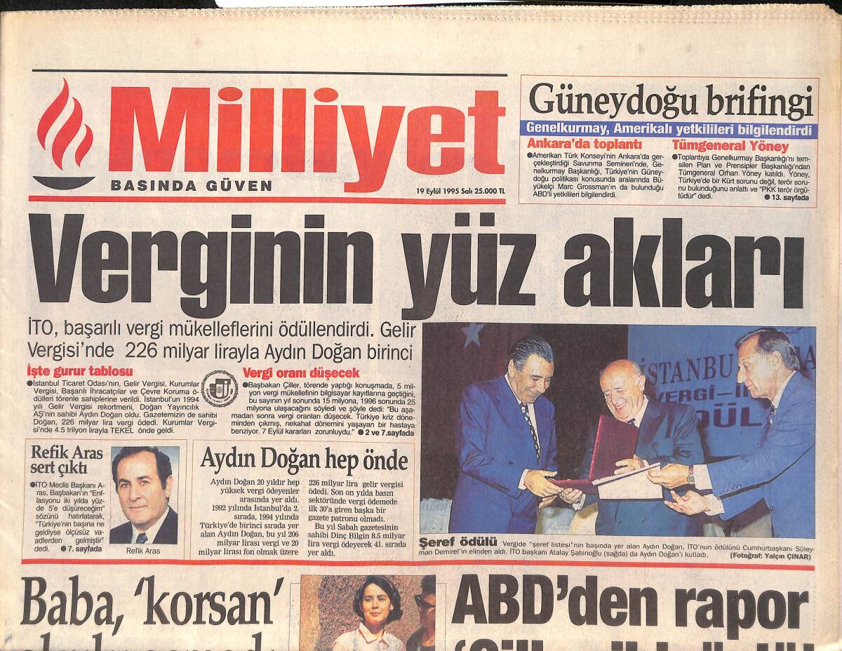 Milliyet Gazetesi 19 Eylül 1995 - Beşiktaş'ta Garip İddia - ABD'den Çiller'e Eleştiri GZ132806 - 1