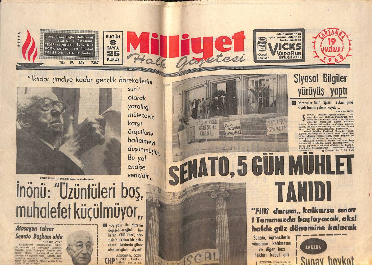 Milliyet Gazetesi 19 Haziran 1968 - Senato, 5 Gün Mühlet Tanıdı - Apak'a Başkanlık Teklif Edilecek GZ146331 - 1
