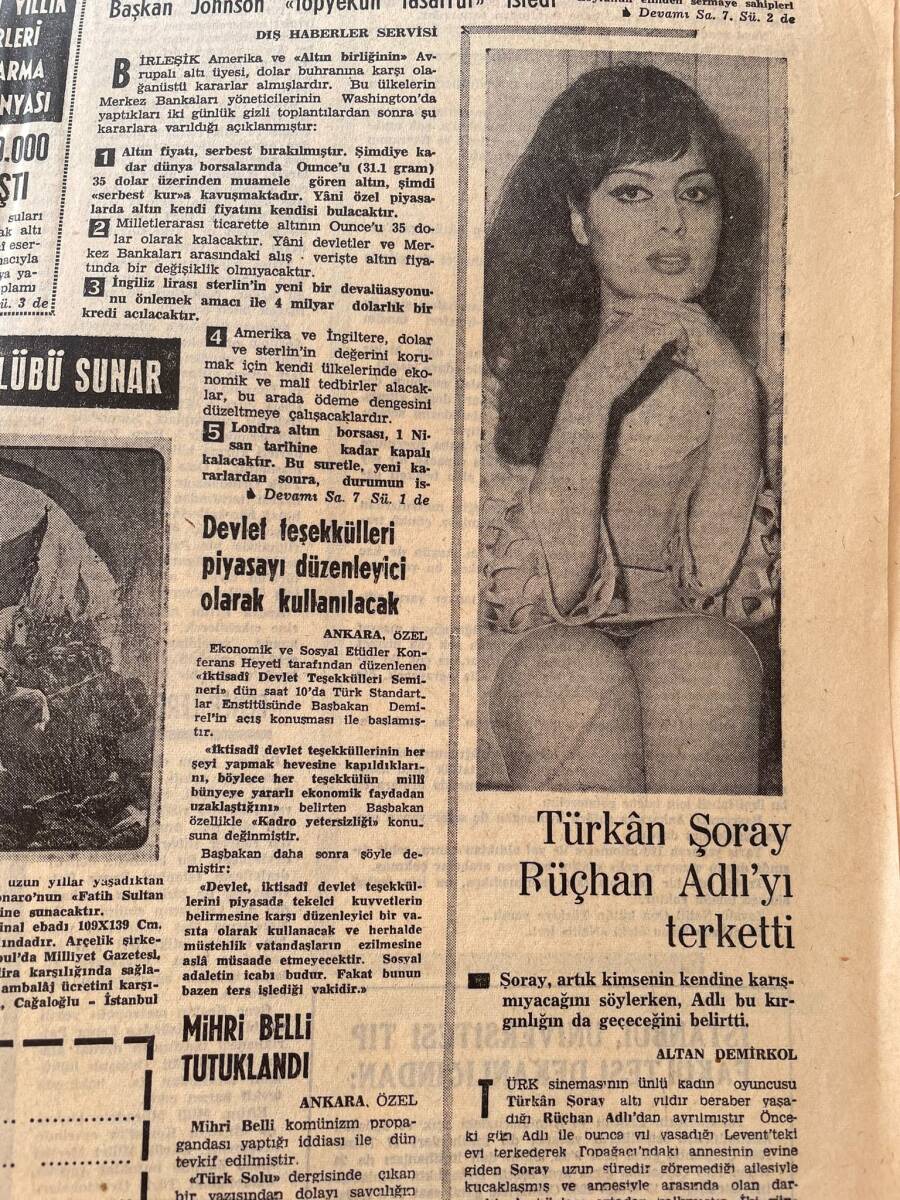 Milliyet Gazetesi 19 Mart 1968 - Türkan Şoray Rüçhan Adlı'yı Terk Etti - Öğretmenlerin Komünistlikle Suçlanması Olaylara Yol Açtı GZ140244 - 2