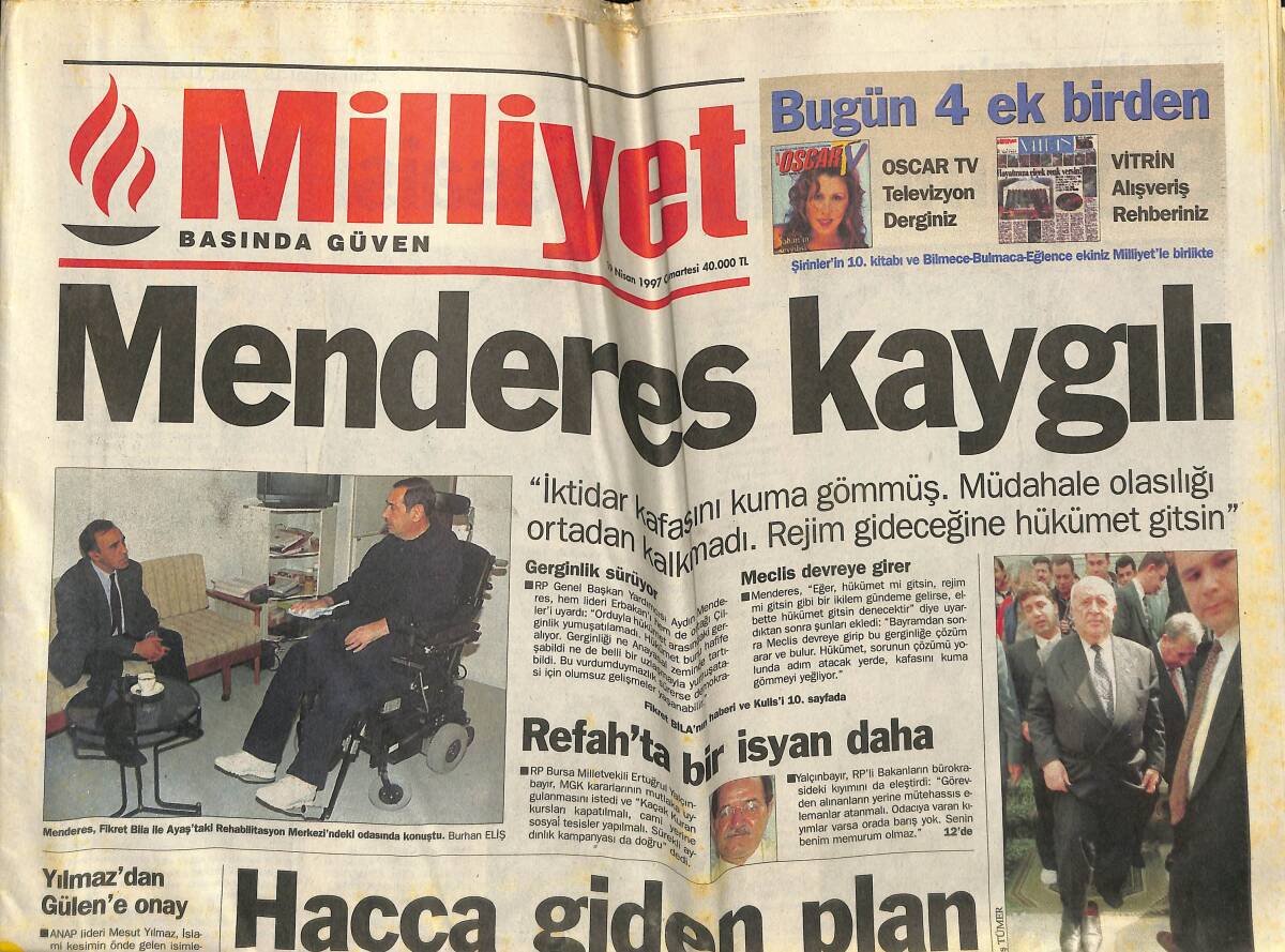 Milliyet Gazetesi 19 Nisan 1997 - Menderes Kaygılı - IMF Ekonomik Muhtıra Verdi - Refah'ta Bir İsyan Daha GZ152982 - 1