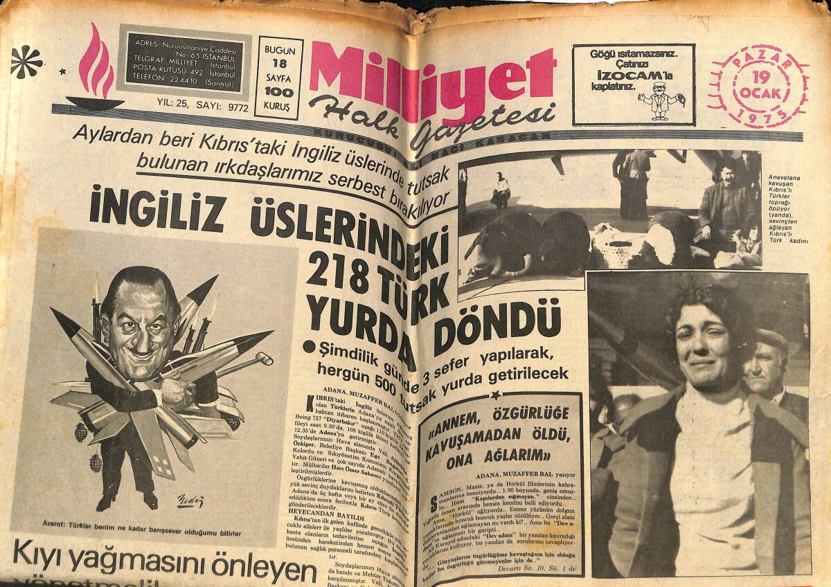 Milliyet Gazetesi 19 Ocak 1975 - Nilüfer, Eurovision Yarışmasından Çekildi - Mavi Boncuk Film Afiş GZ146346 - 1