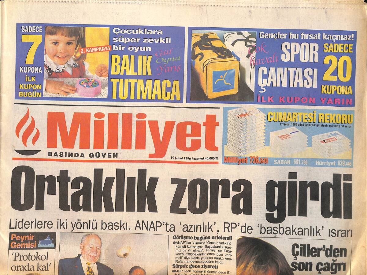 Milliyet Gazetesi 19 Şubat 1996 - Trabzonspor Yola Devam - Galatasaray'a Piyango - Fenerbahçe'de Prime Zam GZ132812 - 1