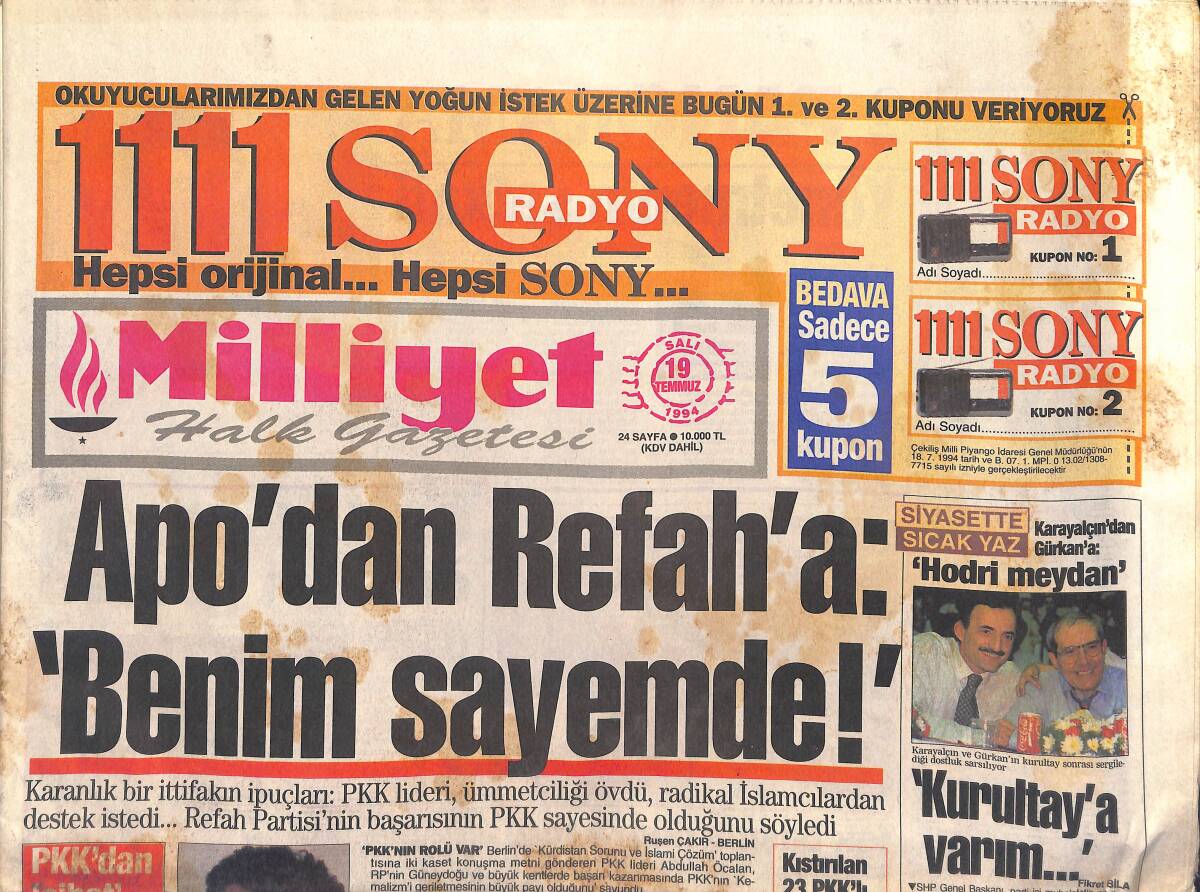 Milliyet Gazetesi 19 Temmuz 1994 - Brezilya Çıldırdı - Apo'dan Refah'a: Benim Sayemde GZ2986 - 1