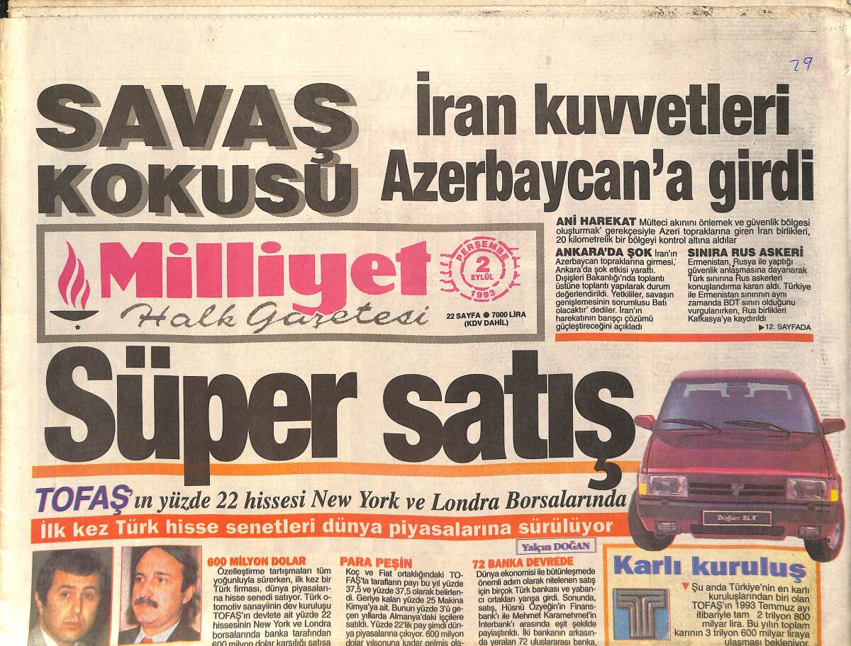 Milliyet Gazetesi 2 Eylül 1993 - Çiller'in Büyük Hedefi Birleşme - Galatasaray Kart Basacak GZ2571 - 1