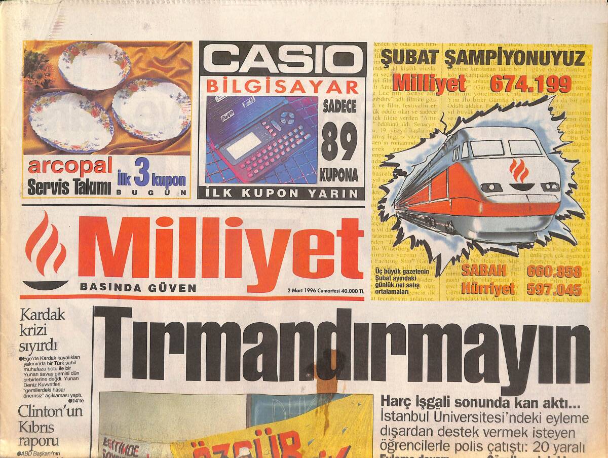 Milliyet Gazetesi 2 Mart 1996 - Galatasaray Perişan Oldu - Cengiz Aytmatov BM'ye Aday GZ132820 - 1