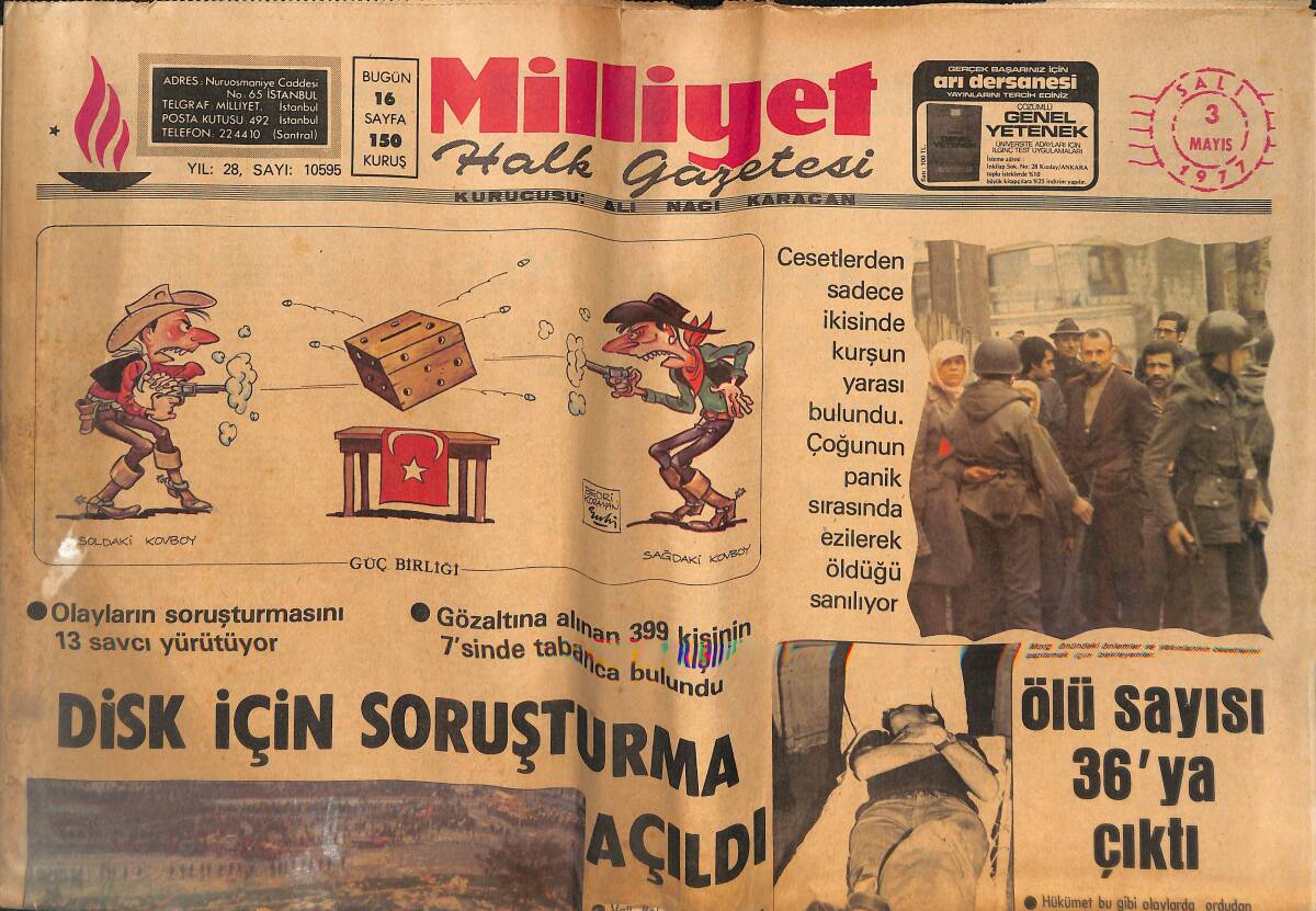Milliyet Gazetesi 2 Mayıs 1977 - 1 Mayıs Olaylarında Ölü Sayısı 36'ya Yüksel - Dısk İçin Soruşturma Başlatıldı GZ133520 - 1