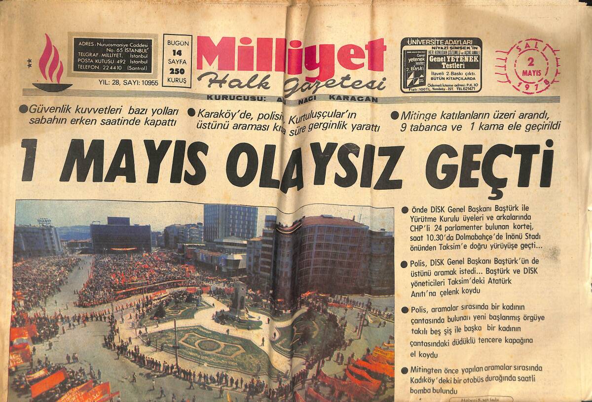 Milliyet Gazetesi 2 Mayıs 1978 - 1 Mayıs Bu Sefer Olaysız Geçti - Ecevit Yarın Sofya'ya Gidiyor GZ133280 - 1