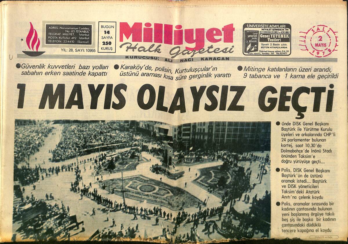 Milliyet Gazetesi 2 Mayıs 1978 - 1 Mayıs Olaysız Geçti - Ecevit Yarın Sofya'ya Gidiyor - Süleyman Demirel Schmidt'e Ağzının Payını Verdi GZ140202 - 1