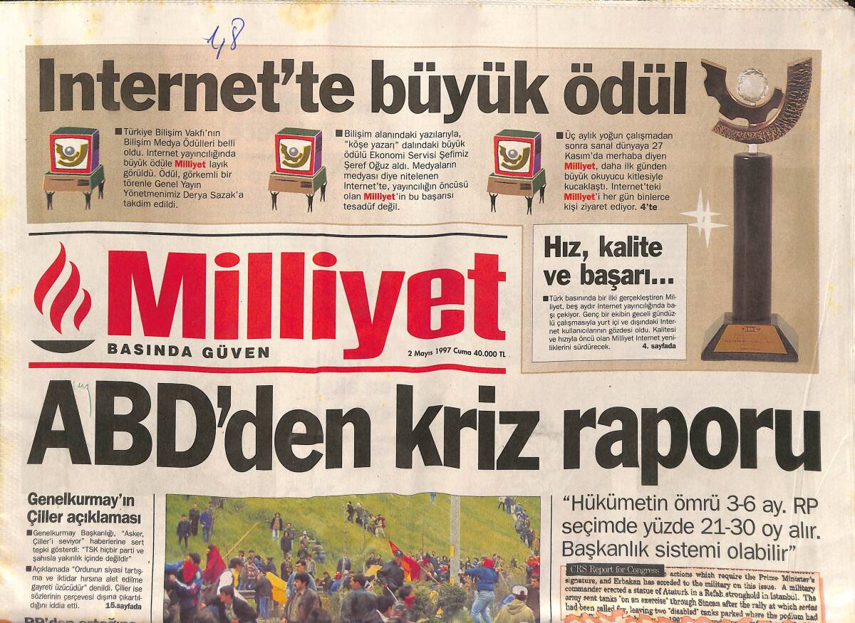 Milliyet Gazetesi 2 Mayıs 1997 - Erbakan'ın Cihat Çağrısı MGK'da - Fenerbahçe-Trabzon , Bimaş'ta GZ152429 - 1