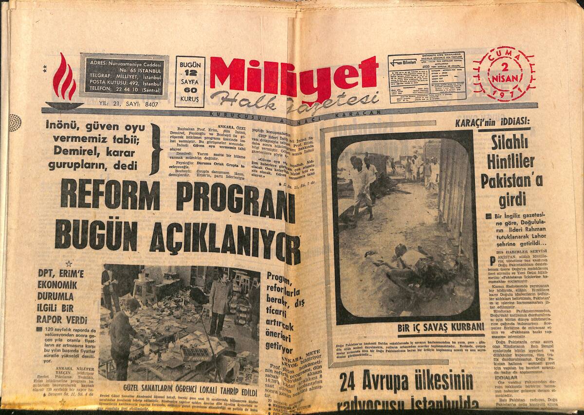 Milliyet Gazetesi 2 Nisan 1971 - Silahlı Hintliler Pakistan'a Girdi - Bütün Paris Pele'nin Peşinde - İstanbul Üniversitesi Kütüphanesi Tehlikede GZ140077 - 1