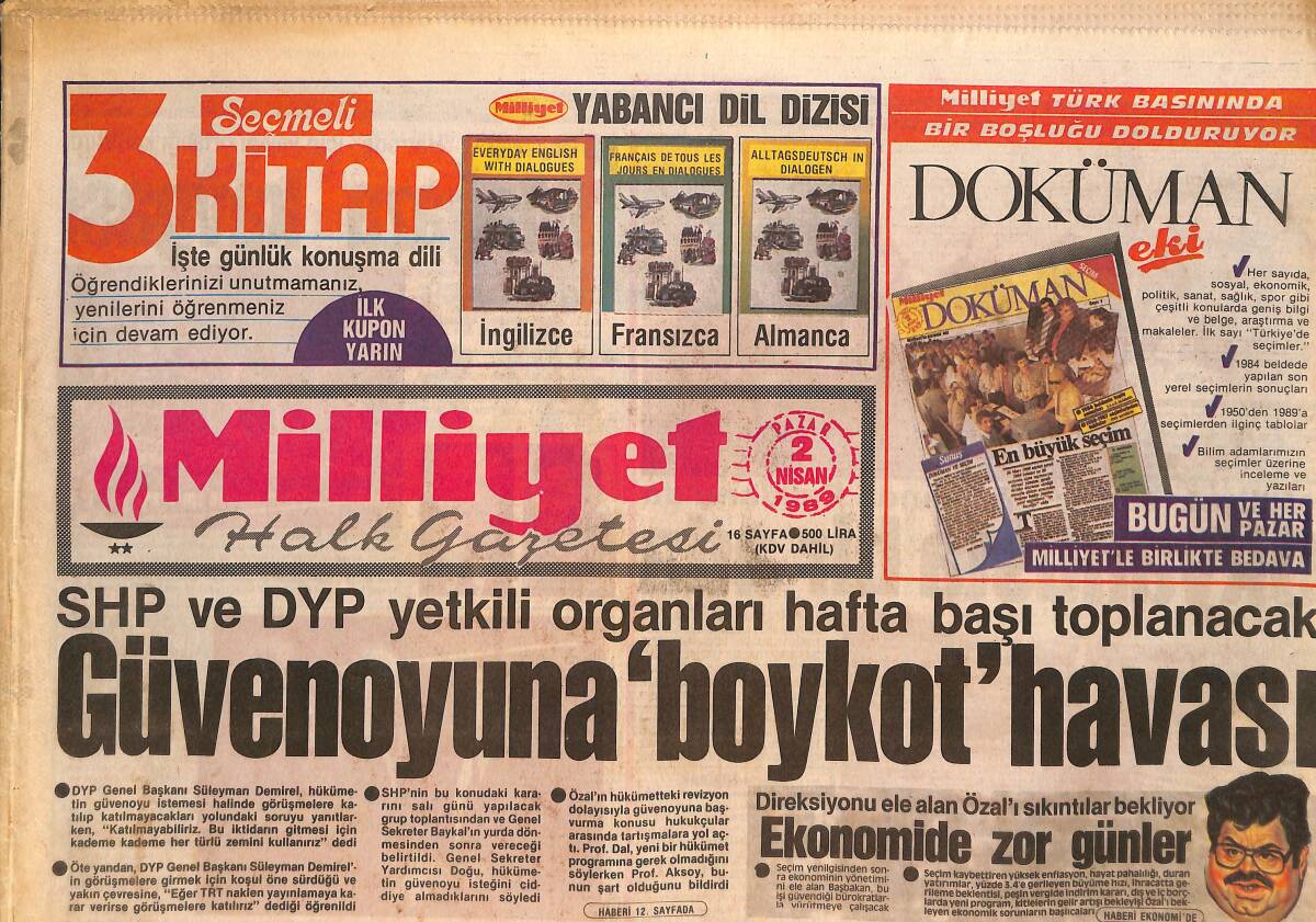 Milliyet Gazetesi 2 Nisan 1989 - DYP Ve SHP Yetkileri Hafta Başında Toplanacak - Özal'la Köşk Yolu Kapandı - Rıdvan Fener'de Kaldı GZ133884 - 1