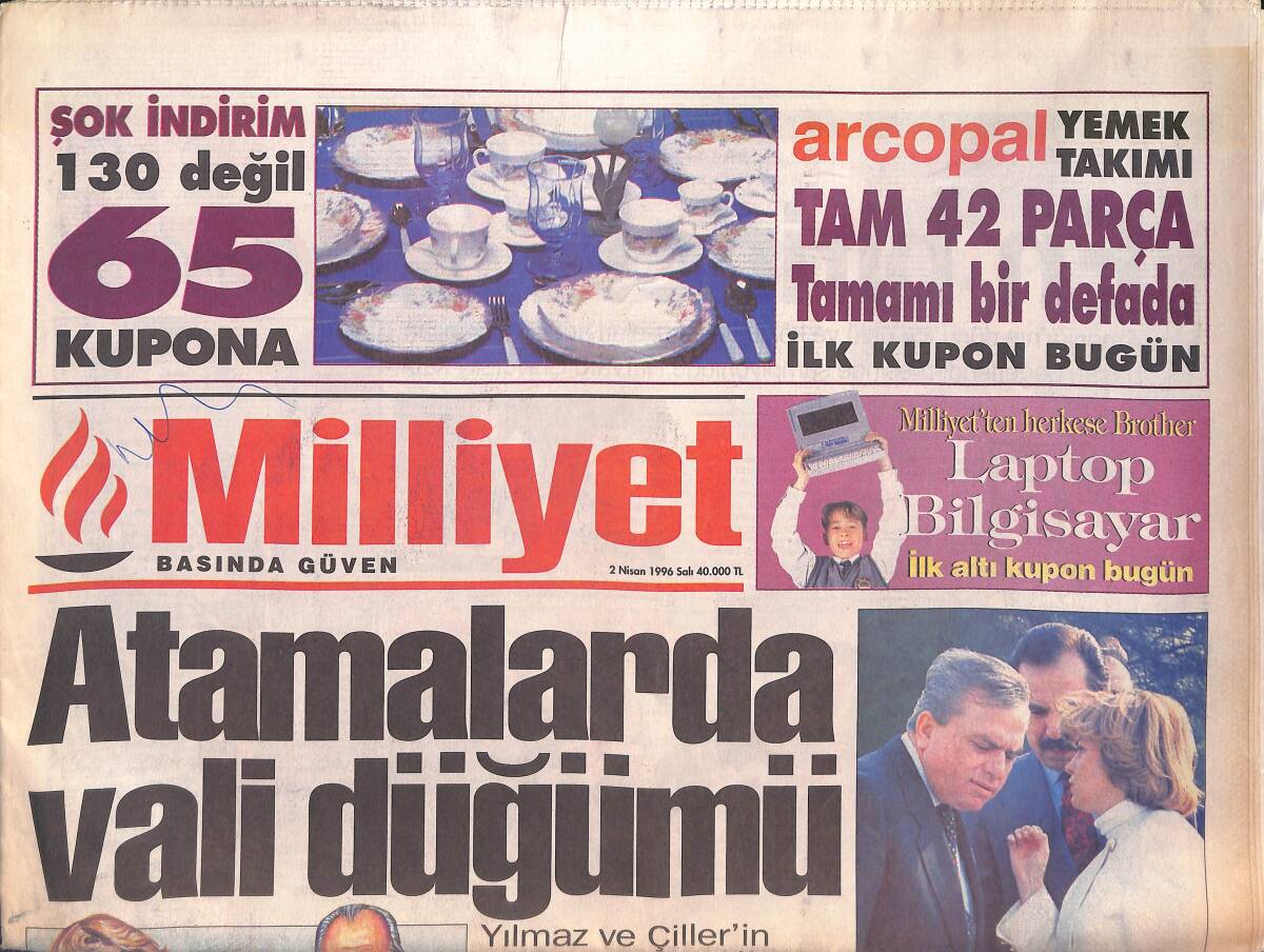 Milliyet Gazetesi 2 Nisan 1996 - Şam-Atina Paktı - Süleyman Seba Tarihe Geçti - Fenerbahçe'de Tehdit GZ132835 - 1