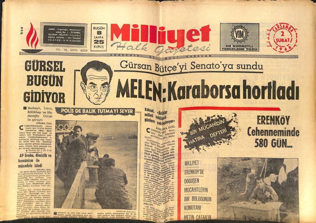 Milliyet Gazetesi 2 Şubat 1966 - CHP, AP Tasarısına Karşı - Atina, Makarios'un Tezini Kabul Etti - Cemal Gürsel Bugün Gidiyor! GZ140303 - 1