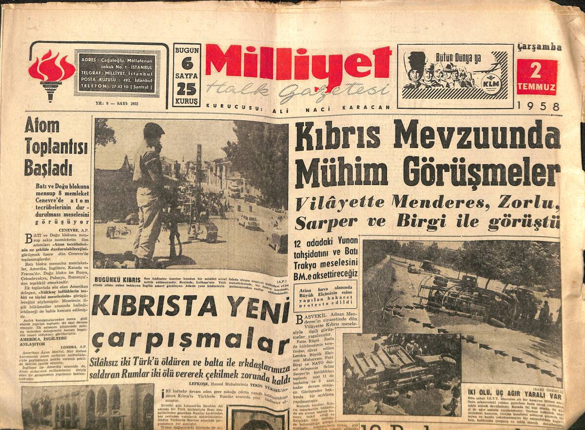Milliyet Gazetesi 2 Temmuz 1958 - Zeki Müren Tepebaşı Mahallesi Afiş - Beşiktaş Şampiyon - Kıbrıs Mevzusunda Mühim Görüşmeler GZ140070 - 1
