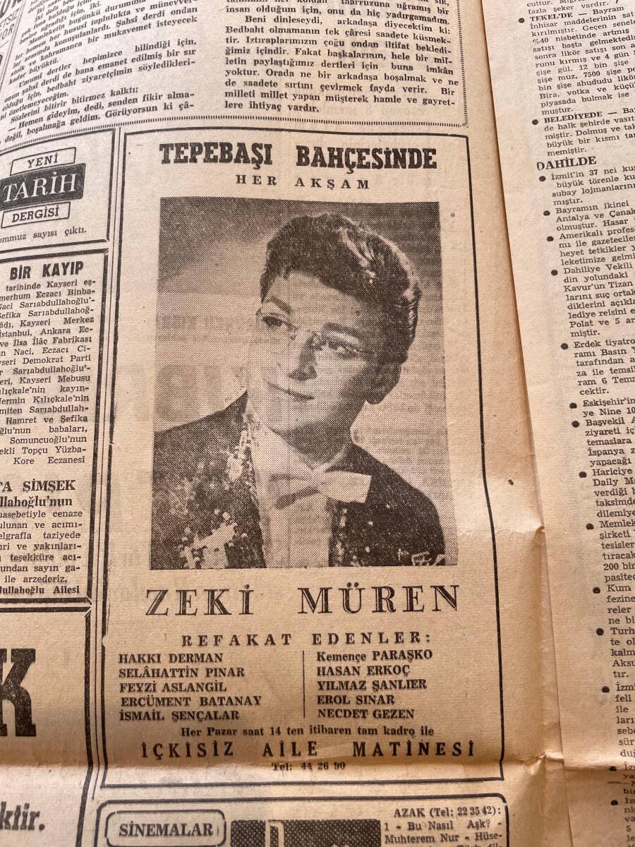 Milliyet Gazetesi 2 Temmuz 1958 - Zeki Müren Tepebaşı Mahallesi Afiş - Beşiktaş Şampiyon - Kıbrıs Mevzusunda Mühim Görüşmeler GZ140070 - 2