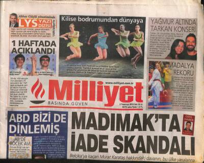 Milliyet Gazetesi 2 Temmuz 2013 - Madımakta İade Skandalı - Yağmur Altında Tarkan Konseri GZ116658 - 1
