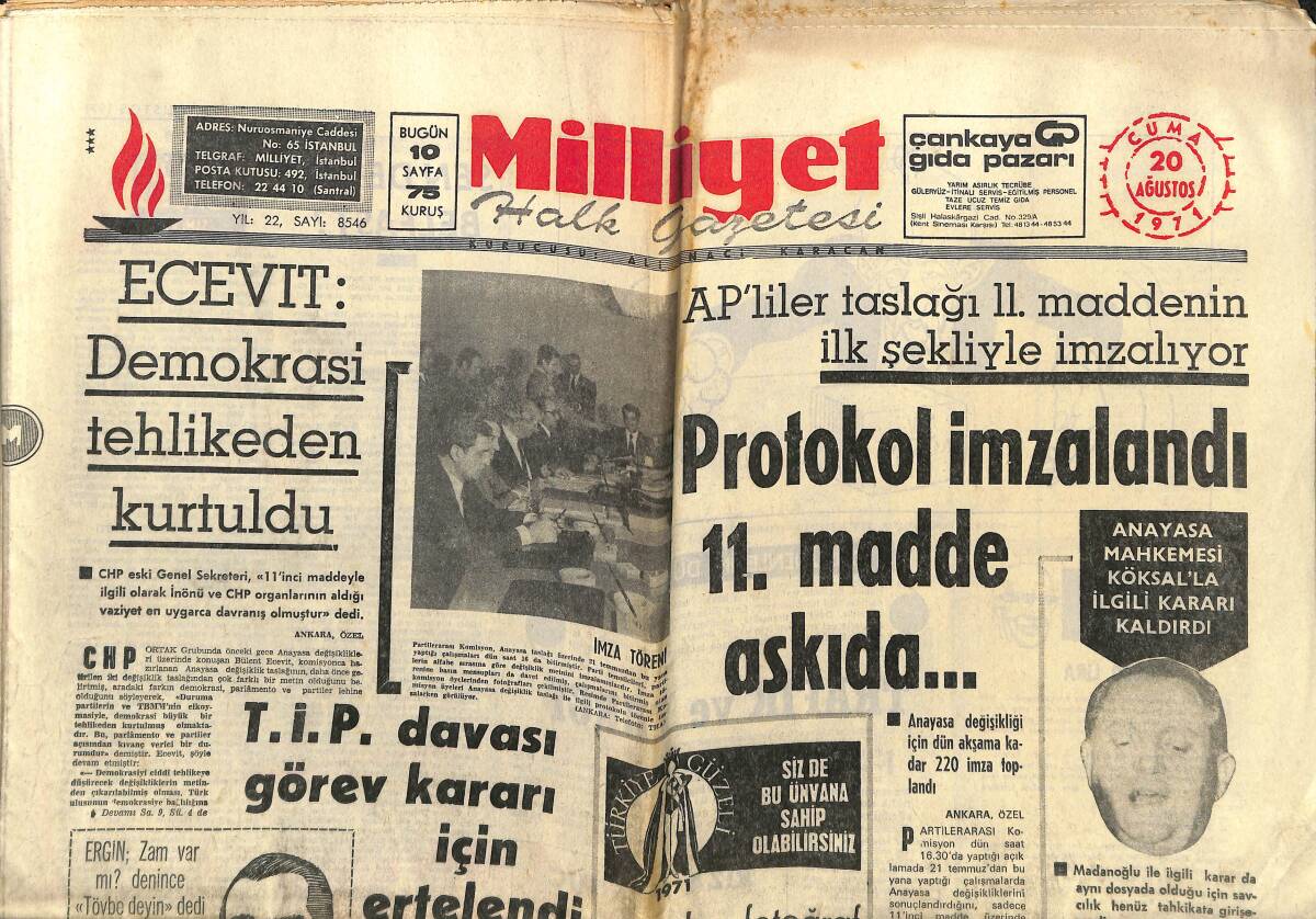 Milliyet Gazetesi 20 Ağustos 1971 - İstanbul Üniversitesinde Türkçe Kursu Açıldı - Fenerbahçe'de Kadro Var Takım Yok -Teneke Çalarak Ay'ı Kurtaracağız GZ140210 - 1
