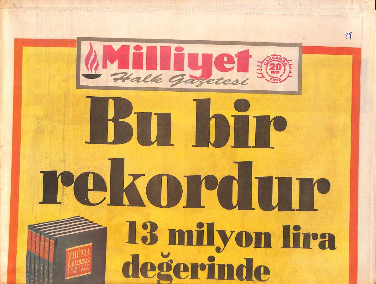 Milliyet Gazetesi 20 Ekim 1993 - Bosna Kurbanına Sofia Loren Kucağı - Almanya İran İşbirliğine Öfke GZ2943 - 1