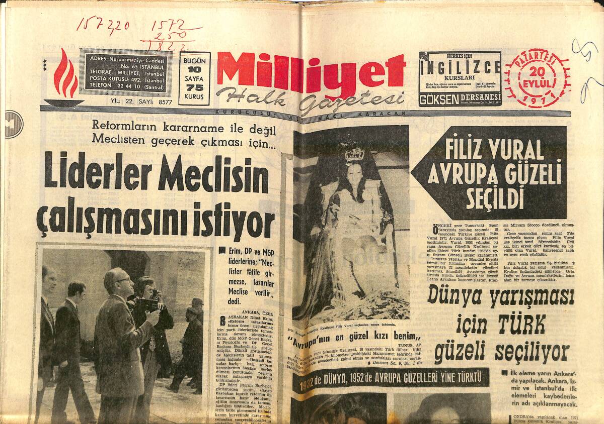 Milliyet Gazetesi 20 Eylül 1971 - 1971 Avrupa Güzellik Kraliçesi Filiz Vural Seçimden Sonra Tahtında - Liderler Meclisin Çalışmasını İstiyor GZ140271 - 1