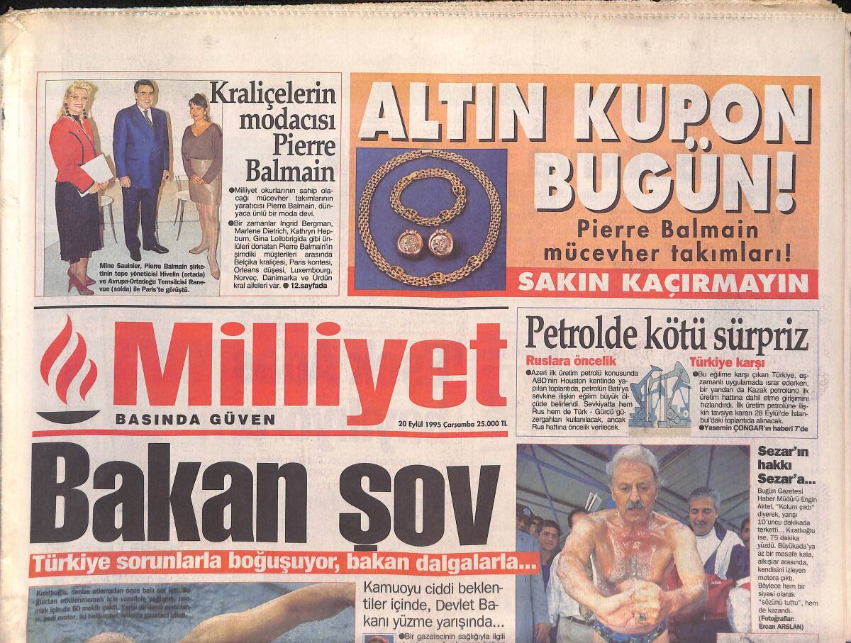 Milliyet Gazetesi 20 Eylül 1995 - Apo'dan Ateşkes Pazarlığı - Daum Dert Dinledi - Petrolde Kötü Sürpriz GZ132872 - 1