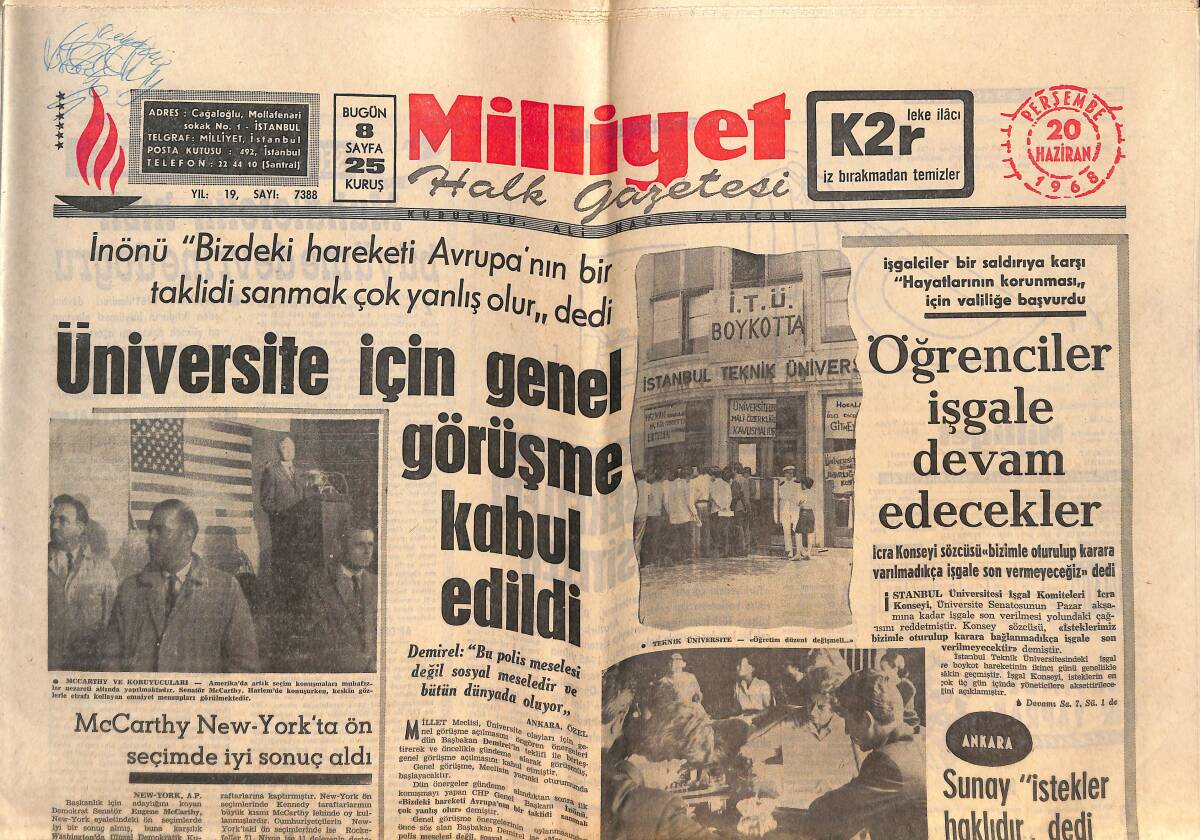 Milliyet Gazetesi 20 Haziran 1968 - Üniversite İçin Genel Görüşme Kabul Edildi! - Coşkun Özarı, Galatasaray Teknik Direktörü Oldu! GZ146354 - 1