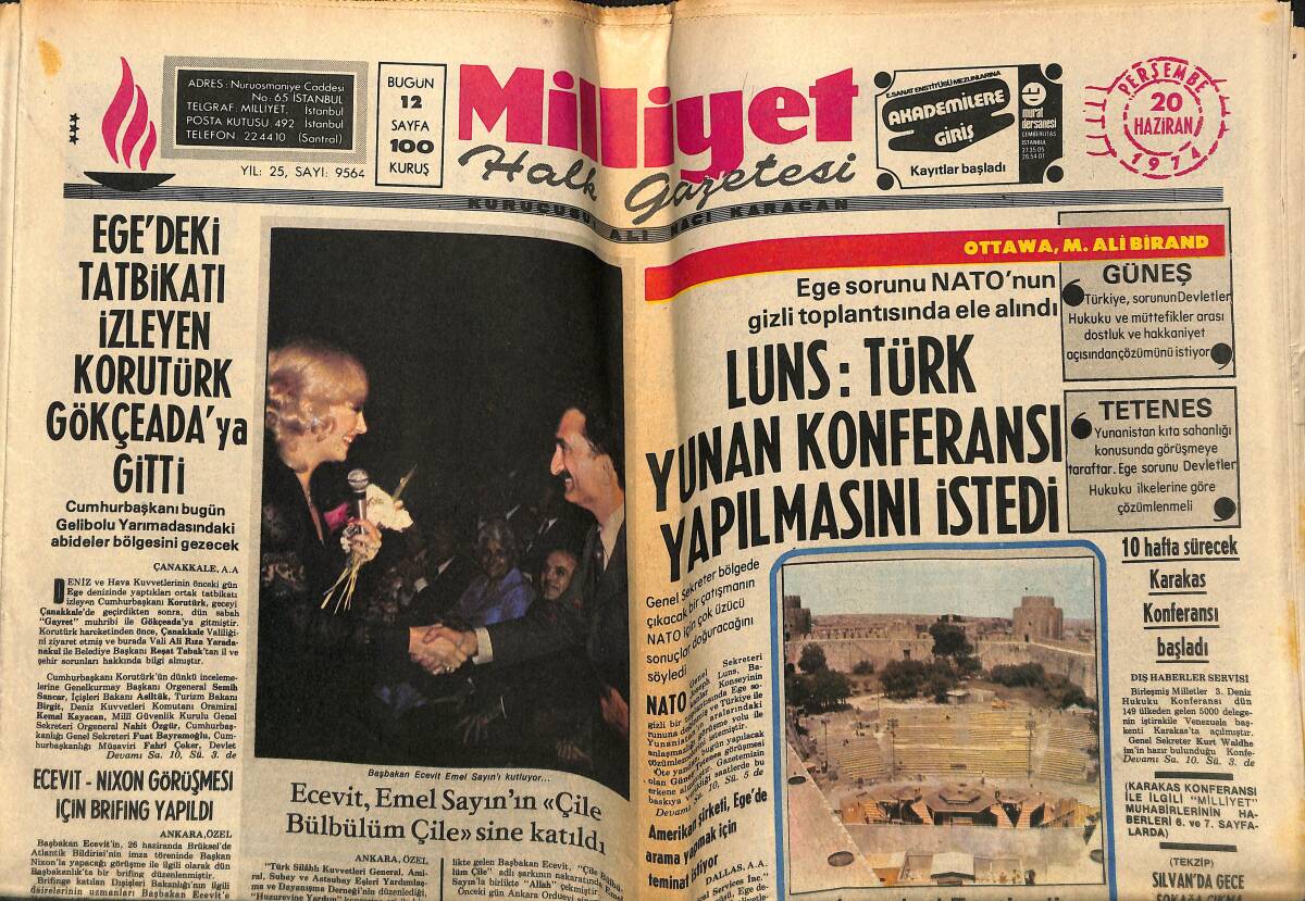 Milliyet Gazetesi 20 Haziran 1974 - Ecevit, Emel Sayın'ın Çile Bülbülüm Çile'sine Katıldı - Pele Didi'ye Ekimde Futbolu Türkiye'de Bırakacağım GZ148886 - 1