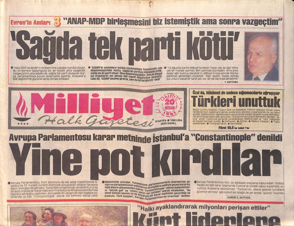 Milliyet Gazetesi 20 Nisan 1991 - Özal'da Hükümet'te Sadece Sığınmacılarla Uğraşıyor - Talat Yılmaz 